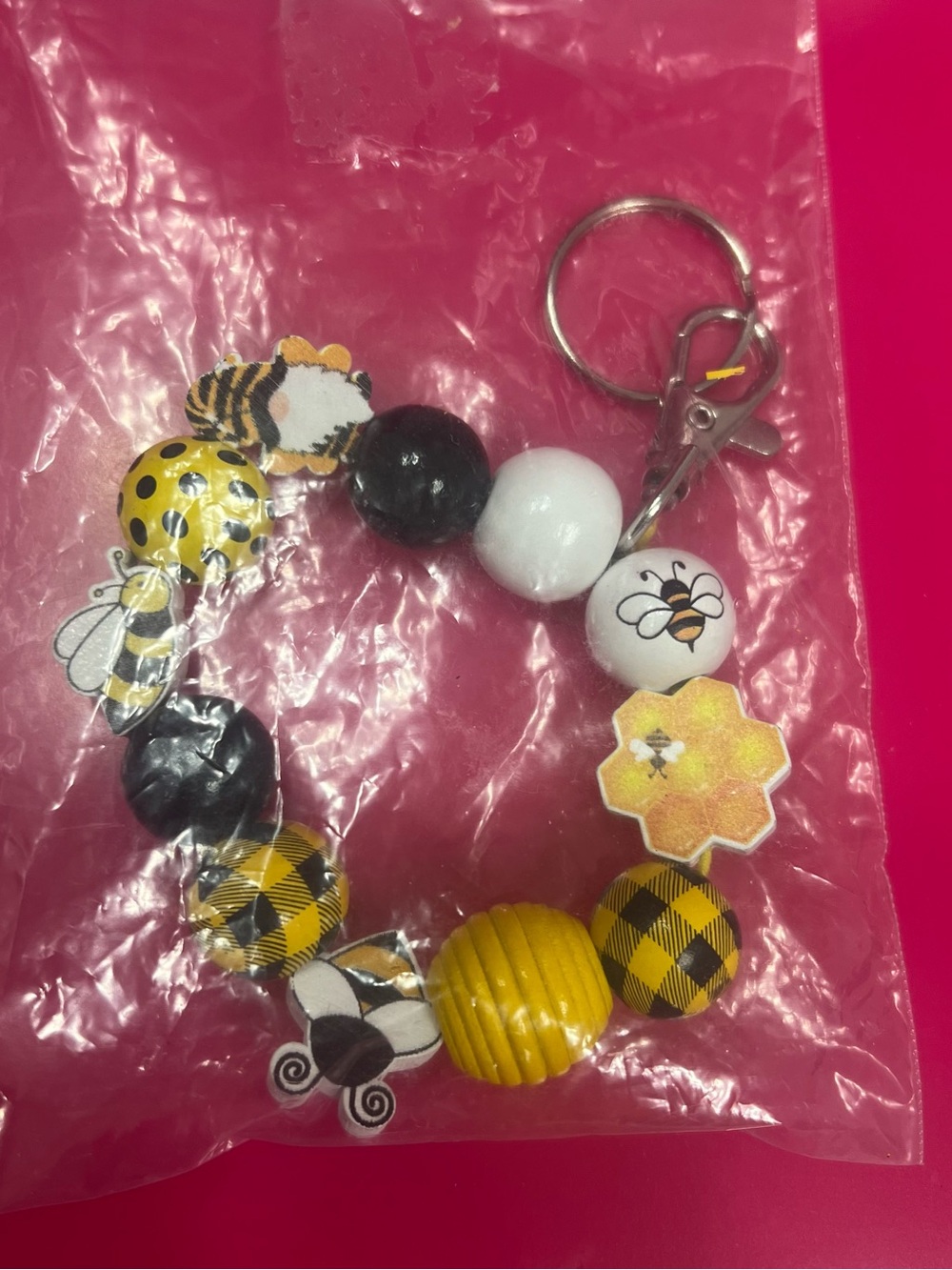 Bee-Themed Yellow & Black Beaded Bracelet Keychain
